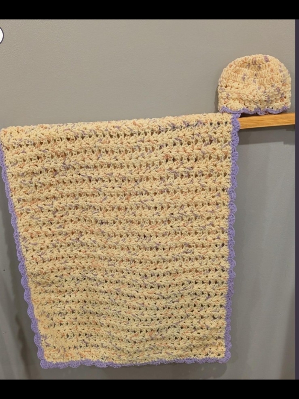 Handmade Cream and Lavender Baby Blanket with Matching Hat